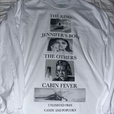 Online Ceramics Halloween Free Popcorn Tee, Sz Medium. Rare Never Worn. White Band Merch Top With Custom Artwork, Long Sleeve Top With Custom Artwork For Streetwear, Cabin Fever Movie, Ceramics Halloween, Free Popcorn, Online Ceramics, Medium Rare, Movie Tees, Cabin Fever