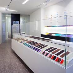 a display case filled with lots of different colored swatches on top of glass shelves