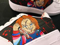 Custom Chucky Air Force 1  * All shoes are authentic and come with original authentic box.  * Painted using Angelus professional leather acrylic paint and sealed using professional water resistant and scratch proof sealer. * Listing is for infant up to junior shoes only (infant sizes, 1.5-9.5) (child sizes, 10-2.5) (junior sizes, 3-6) Message me if you need a bigger size * I will try to get shoes sent out as soon as possible but can take up to 4 weeks (unless stated) to ship. Please consider any Horror Figures, Af1 Custom, Af1 Shoes, Nike Air Force 1 Custom, Unique Sneakers, Air Force 1 Custom, Custom Air Force 1, Air Forces, Leather Paint