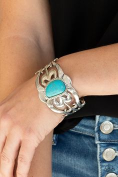 An asymmetrical turquoise stone is pressed into the center of a silver cuff layered with filigree patterns around the wrist for a rustic flair. Sold as one individual bracelet. Blue Cuff Bracelet, Bracelets Trendy, Blue Stone Bracelet, Pink Jewels, Filigree Pattern, Turquoise Bracelet Cuff, Turquoise Cuff, Paparazzi Accessories, Fabulous Jewelry