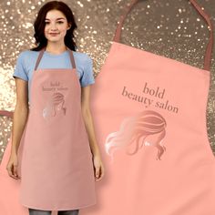 Custom Beauty Salon Name Pink & Rose Gold Staff Apron Beauty Salon Uniform, Beauty Salon Uniform Ideas, Parlour Design, Salon Uniform, Beauty Salon Names, Branded Aprons, Staff Uniforms, Salon Names, Salon Ideas