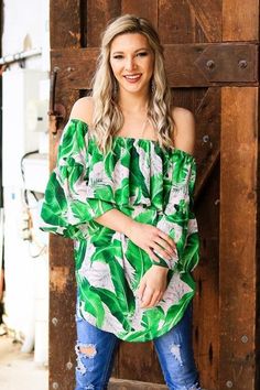 L & B Green Leaf Off Shoulder Top Blush Background, Green Leaf Print, Cute Blouses, Boutique Brands, Print Tunic, Green Leaf, Tunic Blouse, Off Shoulder Tops, Crepe Fabric