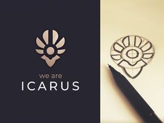 the logo for we are icarus is next to a pen