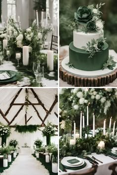 four different shots of a wedding cake and table setting with candles, flowers and greenery