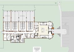 the floor plan for an office building with multiple floors and large windows, including two levels