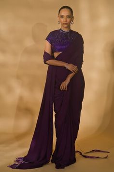 Purple pre-draped saree in a solid base with cutdana embellished tassels on pallu. Comes with blouse embellished by rhinestones. - Aza Fashions Nikhil Thampi, Draped Saree, Drape Saree, Embellished Blouse, Purple Rhinestone, Saree With Blouse, Aza Fashion, Tassels, High Neck