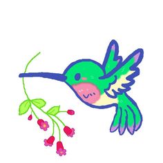 a drawing of a hummingbird on a branch with flowers