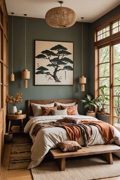 Japanese boho chic meets serenity! Get inspired by 20 incredible bedroom decor ideas, blending minimalist elegance with eclectic flair. Ready to create your tranquil retreat? Click to explore & start decorating your dream sanctuary! Asian Boho Bedroom, Bedroom Decor Boho Minimalist, Electric Boho Bedroom, Unique Bedroom Flooring Ideas, Japanese Boho Living Room, Moody Green Bedroom Vintage, Boho Chic House Interiors, Plant Guest Bedroom, Elegant Room Decor Bedroom Classy