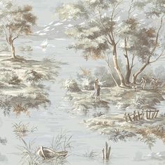 a wallpaper with ducks and people in the water near trees, bushes and grass