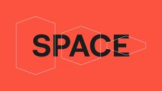 an orange background with the word space in black letters on it and hexagonal shapes