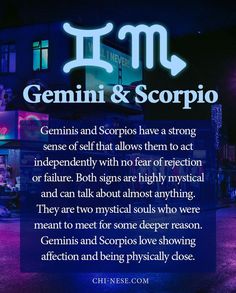 the words germini and scorpio are displayed in front of a building