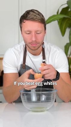 a man is making an egg whitest in a bowl with the words if you beat egg whitest on it