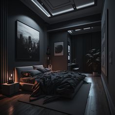 a dark bedroom with a large bed and pictures on the wall, along with wooden flooring