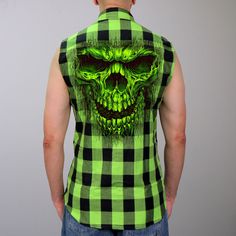 Want to look cool during both fall and winter? Our Shredder Skull Sleeveless Biker Flannel Shirt for Men is the perfect statement to wear for you! It's perfect for spring, or winter. If you are a biker, this is a great inner shirt over a cool leather jacket, tough and very functional. The weave structure of our flannel sheets allows them to breathe and keep you cool when you need them to, and insulate when it's colder. Features: Fit: Standard American Men's sizes, order your normal shirt size Hi Casual Sleeveless Vest For Biker Events, Casual Cotton Shirt For Biker Events, Skull Vest, Leather Armor, Flannel Shirts, Mens Flannel Shirt, Flannel Material, Cotton Flannel, Look Cool