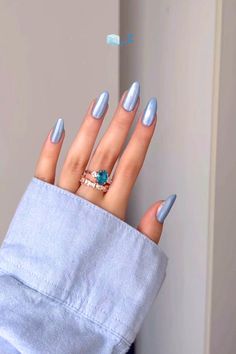 * frosty in blue chrome and glittery snowflakes, these winter nails are an icy treat❄️🩵🌧️ #winternails #glitternails #bluenails #holidaynails #christmasnails #almondnails #nailinspo Nail Polish, Nails, Ring, Blue