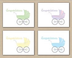 four cards with baby carriages and congratulationss written in blue, green, yellow and pink