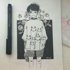 a drawing of a girl with cats on her shirt and leggings next to a pen