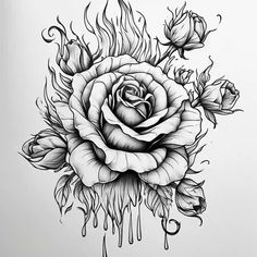 a black and white drawing of a rose with flames coming out of the petals on it