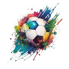 a soccer ball painted in watercolor on a white background with splatters and sprays