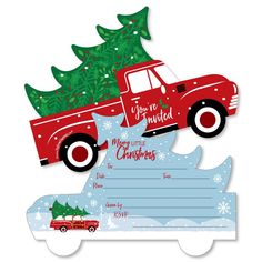 a red truck with a christmas tree on top is in the shape of a card