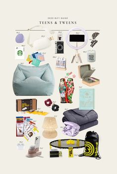 there are many items that can be found in this poster, including a bean bag