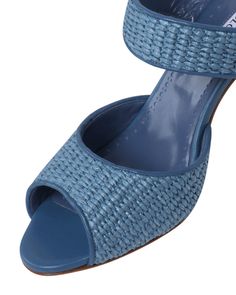 Manolo Blahnik Khiko Raffia 90 Sandal in Dark Blue Open toe Woven Leather lining Leather outsole Buckle-fastening slingback strap 3.5” (90mm) black heel Made in Italy Blue Heels, Black Heel, Manolo Blahnik, Black Heels, Open Toe, Dark Blue, In Italy, Buckle, Italy