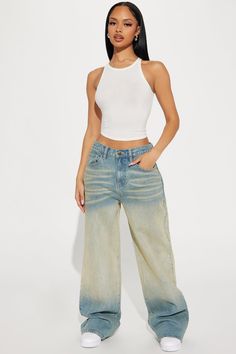 Taking Names Tinted Stretch Baggy Jeans - Vintage Wash Luxe Clothing, Tee Outfit, White Fashion, Baggy Jeans, Crew Neck Tee, Active Wear For Women, Everyday Outfits, Pretty Outfits, Straight Leg Jeans