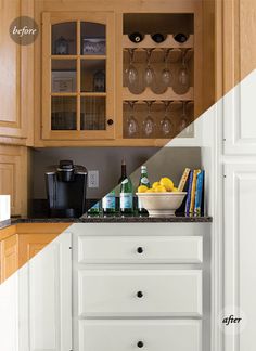 a kitchen with white cabinets and black counter tops, one has wine glasses on it