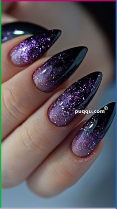 Tropical nails are perfect for summer and vacation looks. They bring a cheerful, fun, and lively vibe to your style. This post... Purple Black Nail Art, Dark Purple And Blue Nails, Nails For Prom Purple, Dark Purple Sparkly Nails, Dark Purple And Silver Nails, Purple And Black Nail Ideas, Purple Manicure Ideas, Elegant Purple Nails, Nails Inspiration Purple