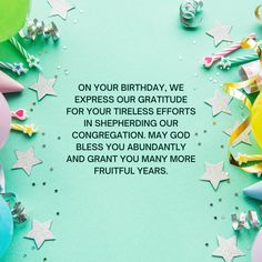 a birthday card with balloons, streamers and confetti on a green background