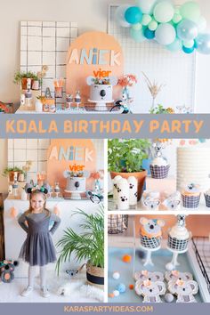 a girl standing in front of a cake and cupcakes with the words koala birthday party on it