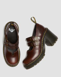 Eviee Leather Mary Jane Heeled Shoes in Dark Brown | Dr. Martens My Shoes Aesthetic, Doc Marten Heel Boots, Cute Shoes For Dresses, Fall Shoes Women Casual, Doc Martens Eviee Outfit, Brown Leather Doc Martens, Eviee Leather Mary Jane Heeled Shoes, Brown Leather Mary Janes, Dr Martens Eviee