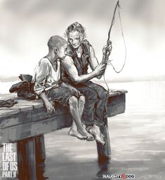 two people sitting on a dock fishing