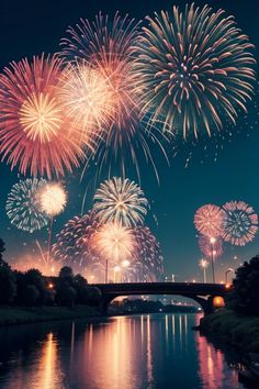 fireworks are lit up in the night sky over a body of water with a bridge