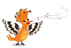 an orange bird with black and white wings blowing music notes on it's tail