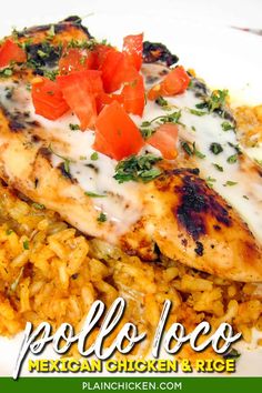 mexican chicken and rice with tomatoes on the side is featured in this postcard for polllo loco