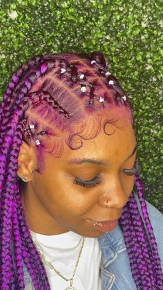 20. All in One Purple Criss Cross Knotless Braids: ncorporate multiple elements into one chic hairstyle: purple knotless braids with criss-cross, stitches, and beads. Knotless Braids With Purple, Purple Knotless Braids With Curls, Purple Braiding Hairstyles, Curled Hair With Braid, Braid Tool, Colored Braids