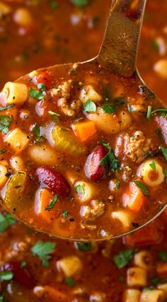 a spoon full of soup with meat and vegetables