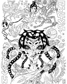 an adult coloring book cover with anime characters in black and white, the title is written on