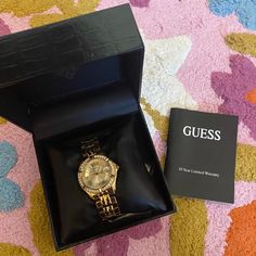 Guess Gold Watch With Crystals New In Box Adjustable Needs Watch Battery Watch Box For Women, Guess Women Watches, Bow Cakes, Guess Watch, Guess Girl, Watch Battery, Watches Women, Box Color, Dream Jewelry