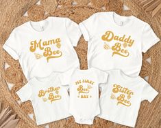 three shirts with the words mama bee and baby bee printed on them