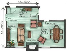 a drawing of a living room and kitchen area with furniture in the center, floor plan