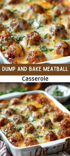 two images showing different types of baked meatballs in casserole dishes with text overlay that reads dump and bake meatball casserole