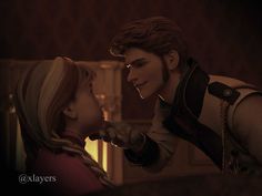 an animated image of a young man and woman talking to each other in a dark room