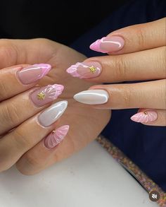 Pink Seashell Nails, Pink Birthday Nails Almond, Pink Long Almond Nails, Vacation Acrylics, November Birthday Nails, Birthday Nails Almond, Gucci Nails