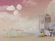 an empty room with two tables and chairs in front of a cloudy sky wall mural