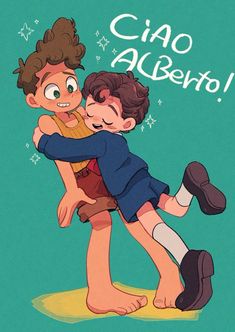 two young boys hugging each other with the caption ciao albero written above them