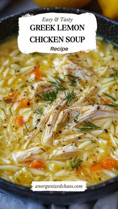 a bowl of greek lemon chicken soup with carrots and parsley on the side