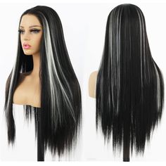 Lace Front Wigs Straight Hair Glueless Synthetic Human Blend Long Natural Wig Heat Resistant Fiber Black And White Skunk Stripe Colorful With Baby For Women 24 Inches Black And Silver Hair, Wigs Straight Hair, Long Straight Black Hair, Black Hairstyles With Weave, Skunk Stripe, Wigs Straight, Hairstyles For Layered Hair, Natural Wigs, Straight Lace Front Wigs