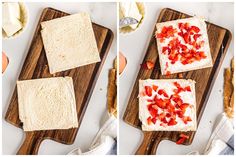 the process of making strawberry shortbreads on a cutting board with knife and fork